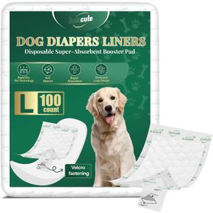 IMMCUTE Dog Diaper Liners, 100 Count, Ultra Absorbent Booster Pads with Hook & Loop, Non-Slip Doggie Diaper Inserts for Male Dog Wraps,Female Dogs in Heat & Incontinence, Large
