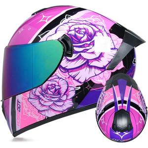 Full Face Motorcycle Helmet DOT Approved Motorbike Moped Street Bike Racing Crash Helmet, Men and Women (Large, Rose Color mirror)