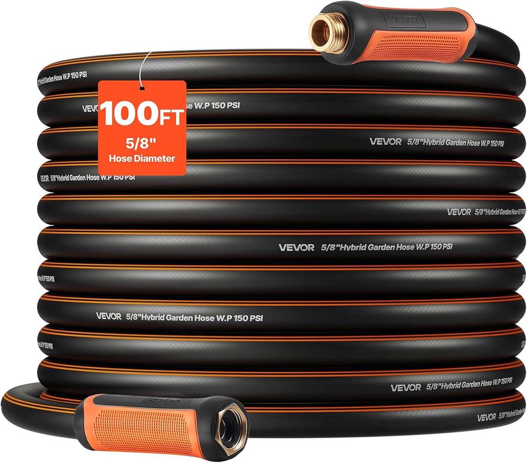 VEVOR Garden Hose, 100 ft 5/8" Heavy Duty 4-Layer Rubber Water Hose, 150PSI Working & 600PSI Burst, Flexible & Non-kink Outdoor Waterhose with 3/4" Fitting, Lightweight Hoses for Gardening Cleaning
