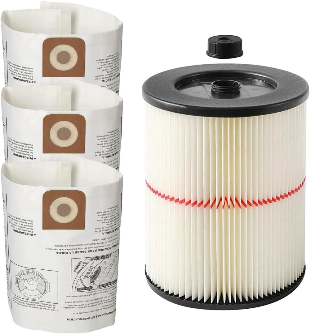 17816 Filter for Craftsman Shop Vac Filter 5/6/8/12/16 Gallon Wet/Dry Vac Filter with 3-Pack CMXZVBE38749 Dust Collection Bags for Craftsman Vacuum Filter 16 to 20 Gallon Shop Vacuum Cleaner