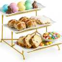 LAUCHUH 3 Tier Trays Stand, Porcelain Serving Trays Collapsible Sturdier Stand Serving Platters Dessert Table Display Set for Indoor Party, Entertaining, Easter, Gold, 12.2 Inch