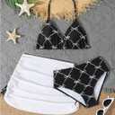 Verdusa Girl's 3 Piece Cute Bow Bikini Set Halter Triangle High Waisted Bathing Suit with Cover Up (Black, 11 Years)