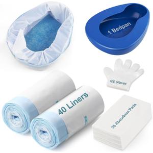 Bed pan Set Includes 30 Super Absorbent Pads, 40 Disposable Liners, and 100 Gloves. These bedpans are Comfortable for Both Women and Men and are Made of Thick, Oversized, Heavy-Duty PP Material