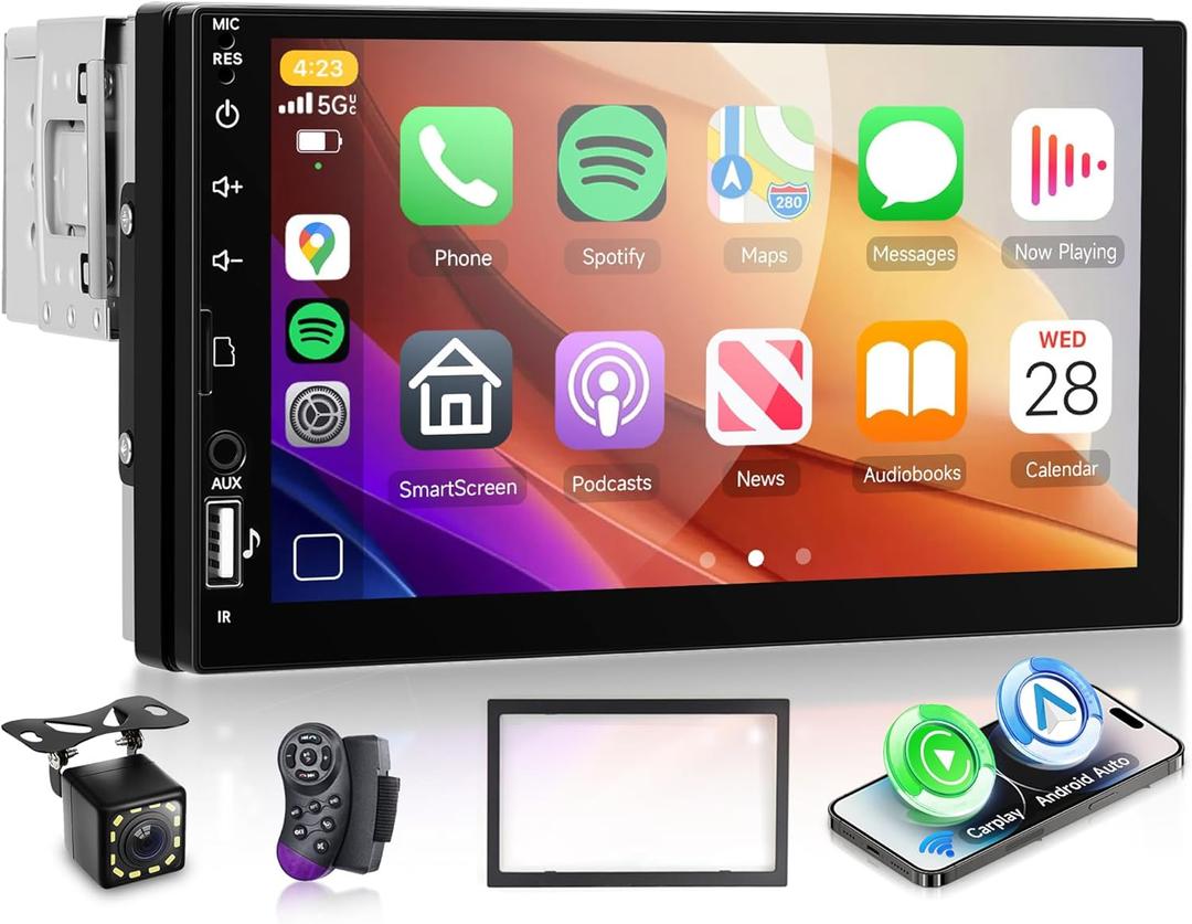 Orderich Single Din Car Stereo with Wireless Carplay Android Auto, 7 Inch Touch Screen Car Stereo 1 Din with Backup Camera Car Radio Support Mirror Link Bluetooth 5.0 FM USB EQ Steering Wheel Control