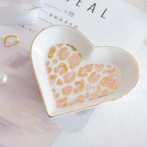 Heart Jewelry Dish Tray Wedding Ring Dish Ceramic Trinket Plate Trays Key Bowl Earring Dish Holder Small Dessert Tray Home Decor Dishs Jewelry Organizer Pink Leopard
