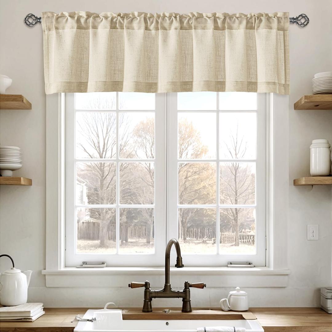 Linen Valance for Windows 2 Panels, Beige Rod Pocket Light Filtering Semi Sheer Soft Linen Window Treatment Drapes Farmhouse Burlap Rustic Curtains for Kitchen Living Room,54x15 inch