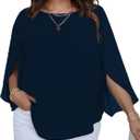 SCOMCHIC Plus Size Blouses for Women Summer Chiffon 3/4 Sleeve Tunic Tops Dressy Scoop Neck Casual Loose Flowy Shirts (5X-Large Plus, Navy)