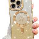 NITITOP Compatible with iPhone 16 Pro Max Case Cute Clear Glitter [Compatible for MagSafe] Plating Heart Sparkle Bling Magnetic Girl Women Electroplated Frame Camera Protection Back Cover - Gold