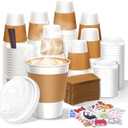 12 oz Disposable Coffee Cups with Lids, Sleeves and Stirrers 100 Pack, Hot Cups with Lids, Leak-Proof To Go Cups for Hot Chocolate, Cocoa, Office, Coffee Bar Accessories