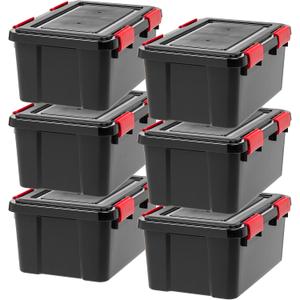IRIS USA WeatherPro 19 Qt Storage Bins with Lids, 6 Pack, BPA-Free Plastic Gasket Box with Tight Latch and Seal, Stackable Nestable Tote Tub - Black/Red