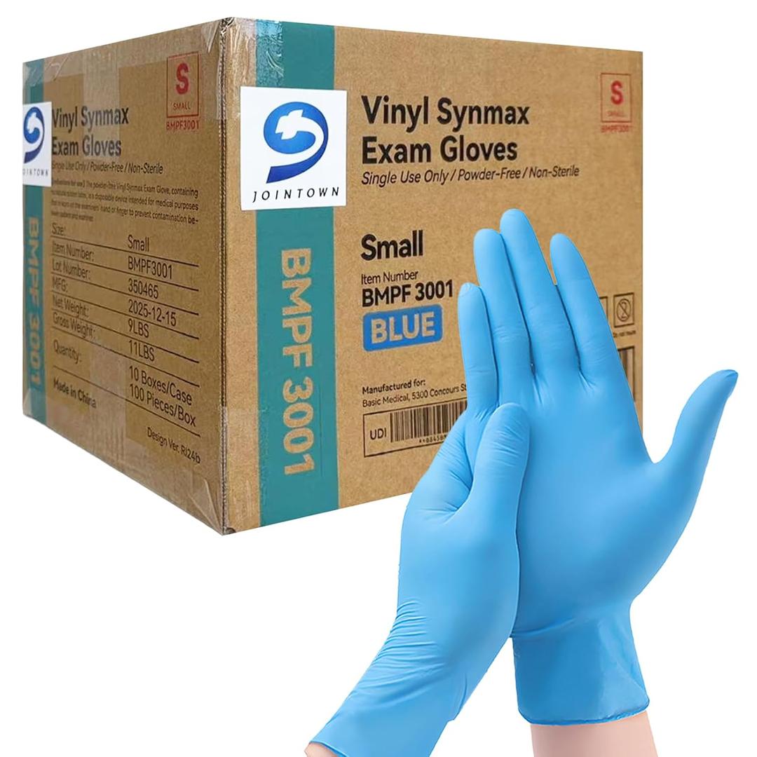 Jointown Basic Vinyl Exam Gloves, Latex-Free, Powder-Free, Disposable, Small, Case of 1,000, Blue (Blue, S)