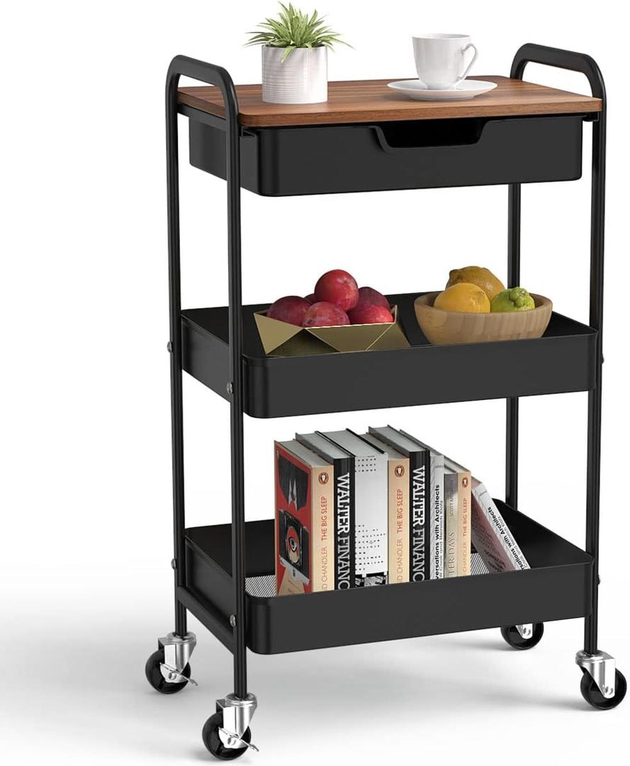 3 Tier Rolling Cart with Drawer, Metal Utility Cart on Wheels Storage Cart with Wood Top, Kitchen Cart Art Cart Organizer for Bathroom Office Balcony Living Room (Black)
