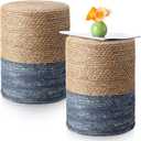 Barydat 2 Pcs 15'' Ottoman Pouf Natural Seagrass Braided Poof Hand Weaving Round Ottomans Boho Footrest Stool for Home Living Room Bedroom Patio(Natural and Blue)