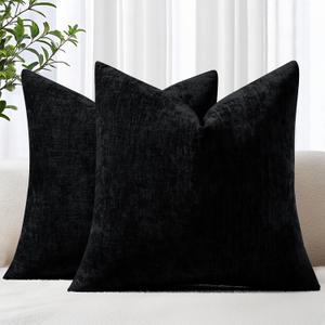 decorUhome Chenille Black Throw Pillow Covers 18x18 Inch Set of 2, Decorative Soft Couch Pillow Covers Solid Dyed Accent Farmhouse Neutral Square Pillow Cases for Sofa Bed Living Room, Black