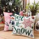 2 x Artscope Christmas Tree Snowman Throw Pillow Covers 16x16 Inch Set of 4, Let It Snow Holly Jolly Winter Hoilday Christmas Decoration Pillow Cases for Home Sofa Couch Decor-Pink