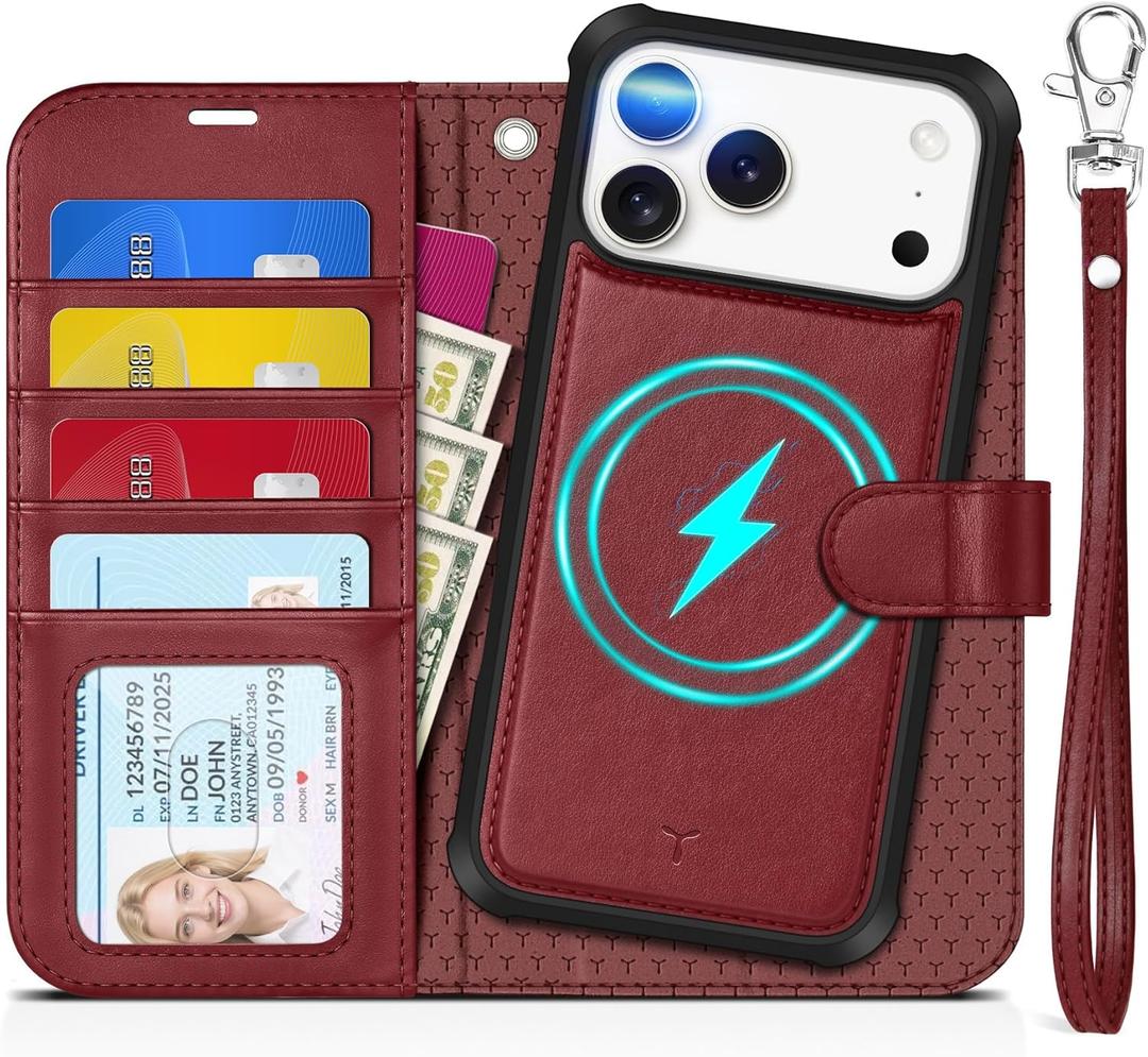 TUCCH Detachable Case Wallet for iPhone 17 Pro Max (6.9") 2025, Wrist Strap | 4 Card Slots RFID Blocking | Wireless Charging | Stand | 2-in-1 Magnetic | PU Leather | Shockproof Folio Cover | Dark Red