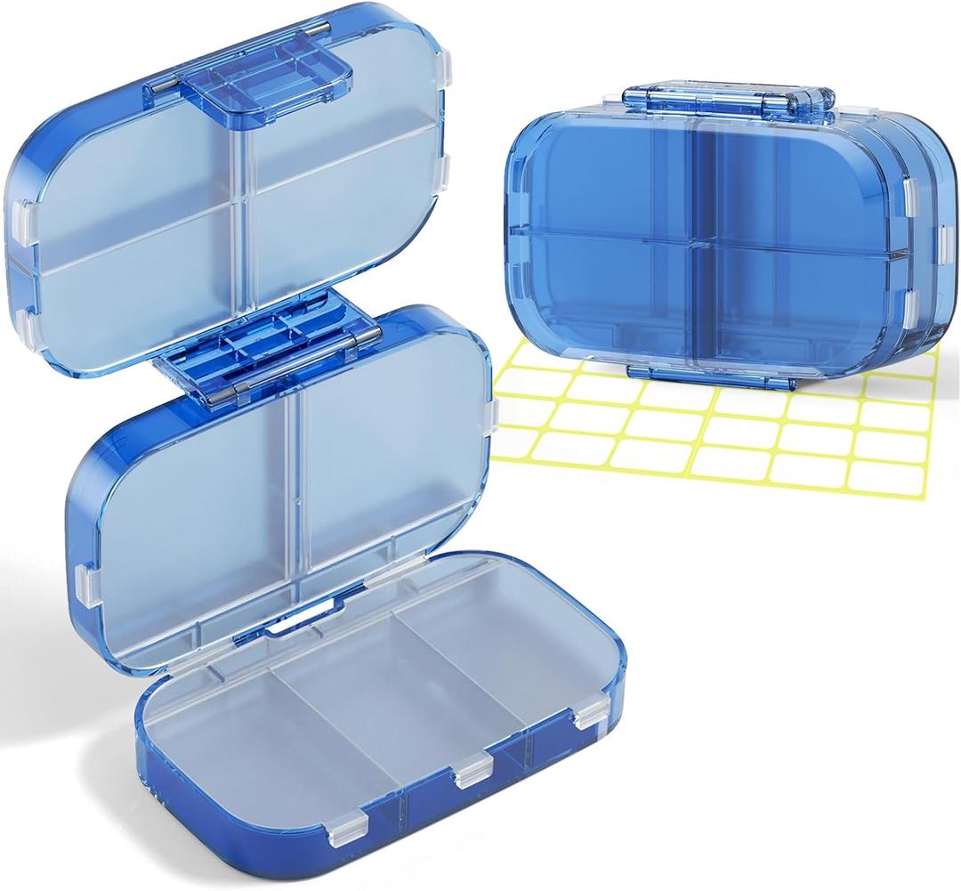 5 x Foldable Travel Pill Organizer 3 Layers Large Capacity, Portable Pill Box Case with 9 Compartments for Medication Vitamins Supplements (Blue)