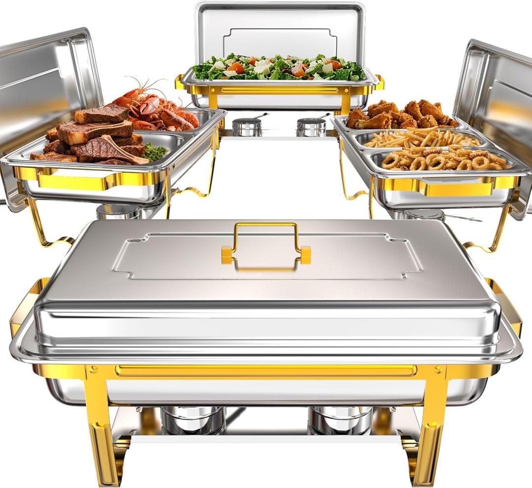 9Qt Chafing Dishes for Buffet 4 Pack [Multiple Size Food Pans] | Chafing Dish Buffet Set [Screw-free Installation] with Stackable Design [Less Storage Space] for Wedding/Party (Gold)