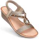 SHIBEVER Womens Wedge Sandals Flower Low Heel Dressy Sandals Elastic Ankle Strap Rhinestone Summer Comfortable Shoe, 39 Champagne