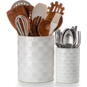 Nucookery Utensil Holder, Extra Large Ceramic Utensil Crock for Kitchen Counter, Stable Spatula & Flatware Organizer, Farmhouse Embossed Kitchen Decor, Set of 2 (Checkered)