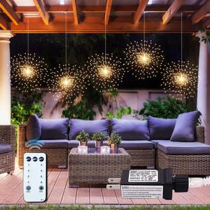 PXBNIUYA 5 Pack 1000LED Plug in Starburst Sphere Lights,Firework Light 8 Modes Dimmable Remote Control Waterproof Hanging Copper Wire Fairy Light for Patio Party Tent Christmas (Warm White)