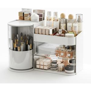 Makeup Organizer with Rotating ,Large Bathroom Countertop Cosmetic Organizer with Brushes Holder,Skincare Storage Organizer,Ideal makeup holder for Skincare,Lipstick and other items (Simple white)