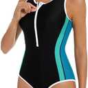 ATTRACO Athletic Swimsuit Women One Piece Bathing Suit Zipper Front Lap Swimwear for Women Size L
