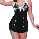 Ekouaer Womens One Piece Swimsuits Vintage Striped Skirt Bathing Suit Vintage Retro Push Up Swimwear (Black, XL)