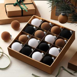 15 Pcs Velvet Christmas Ornaments 2.36 Inch Neutral Shatterproof Plastic Velvet Balls Flocked Ornaments for Christmas Tree Hanging Decorations (Black,White,Brown)
