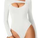 Avidlove Women Long Sleeve Bodysuit Scoop Neck Cutout Thong Body Suits Double Lined Slim Fitted Leotard Going Out Tops (X-Large, White)