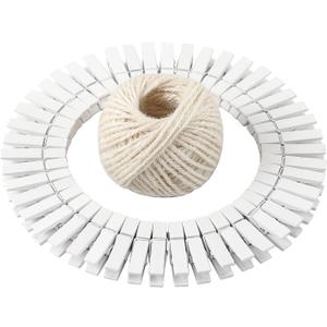 HSTECH 100 Pcs White Mini Natural Wooden Clothespins and 82 Ft Jute Twine, Baby Clothes Pins, 1.38in Craft Photo Clips for Home School Arts Crafts Decor, DIY Decoration's, Arts and Crafts, Weddings