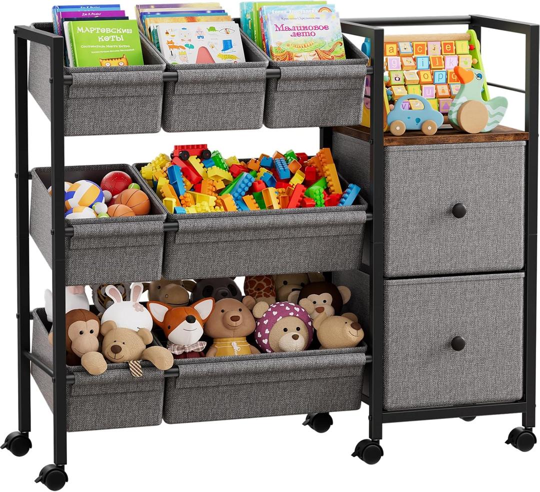 Kids Toy Organizers and Storage Bins - 7 Storage Bins + 2 Fabric Drawers + 1 Bookshelf, Playroom Storage, Mobile Cart Organizer for Toy, Clothes, Blankets and Books - Black