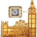Music Park 3D Wooden Puzzles Big Ben Mechanical Real Clock with Night Light DIY Model Building Kits for Adults to Build Ferris Wheel Hobbies and Birthday Valentine's Day Gifts Home Decoration