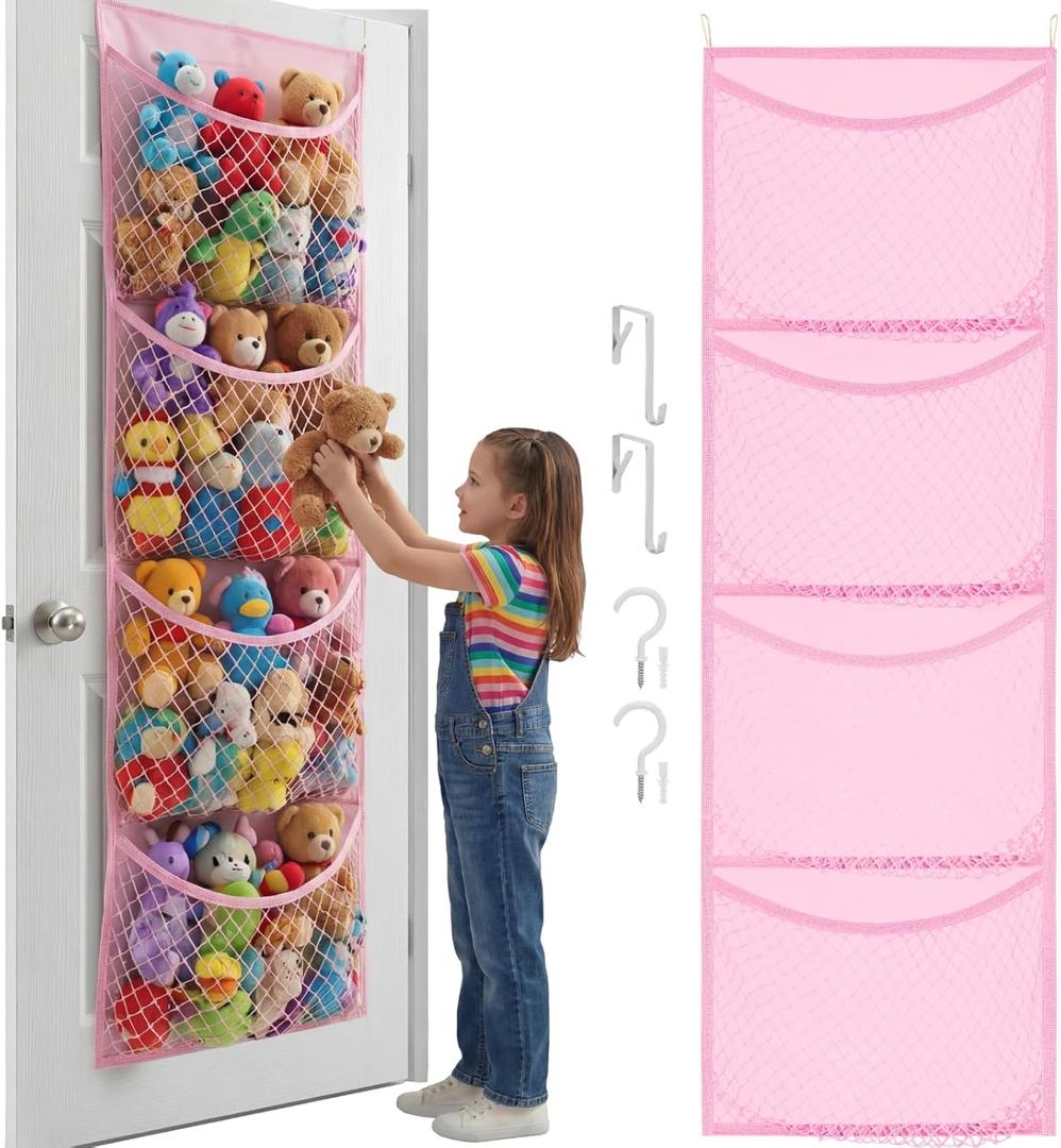 Pink Over The Door Stuffed Animal Storage, Cotton Toy Organizer for Storage Plush Toys,Baby Supplies, Stuffed Animal Holder with 4 Large Pockets, Hanging Door Organizer for Nursery, Bedroom, Kids Room