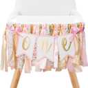 Pre - strung Pink Highchair Banner - 1st One Birthday Highchair Banner for Princess Girls ONE Baby Shower Room Party Decor