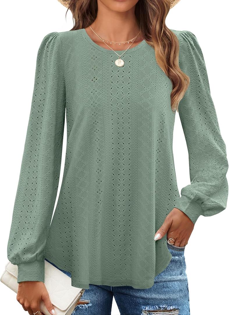 ZESICA Long Sleeve Eyelet Tops for Womens Crew Neck Spring Shirts Casual Loose Blouses 2026 Trendy Clothes (Small, Sage)