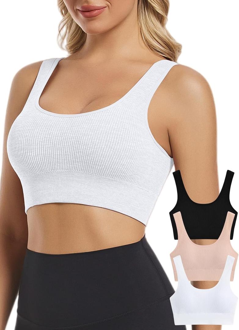 Chilylori Seamless Sports Bras for Women Pack of 3 Ribbed Sports Bra Workout Tops Cropped Tank Top Comfort Padded Yoga (XL)