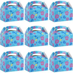 18pcs Cartoon Story Party Favor Box, Hawaiian Theme Gift Box with Hibiscus Flower Palm Leaves Printing for Hawaiian Luau Tropical Summer Birthday Party Supplies