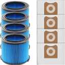 4 Pack VF3500 Replacement Filter and 4 Pack VF3501 Vacuum Bags for Ridgid Wet Dry Vac filters 3-4.5 Gallon Vacuums, Fits WD3050, WD4070, WD4080, WD4522, 4000RV, 4500RV