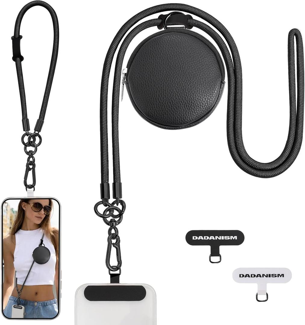 3 x Dadanism Cell Phone Lanyard for iPhone, Crossbody Phone Strap and Phone Wrist Strap Kit with Detachable Wallet, Cellphone Lanyard Crossbody for iPhone 16 and Most Smartphones, Black