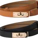 Women Skinny Leather Belt Solid Color Alloy Turn Lock Adjustable Waistband for Dresses Jeans Coats (Black+Caramel)