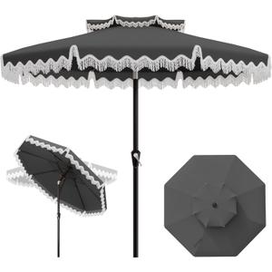 AreShark 9FT Patio Umbrella with Fringe, Wind-Resistant Fiberglass 8 Ribs Tassel Outdoor Umbrella with Crank and Push Button Tilt, Double Tier Vent Sun Shade for Pool, Deck, Backyard, Gray