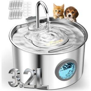 3.2L Cat Water Fountain Stainless Steel with 20 Filters Automatic Pet Water Fountain for Cats/Dogs Indoor Ultra Quiet Metal Cat Fountains for Drinking Kitty Watering Supplies for Animals