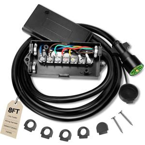 8 Ft 7 Pin Trailer Wiring Harness With 7 Gang Junction Box, Heavy Duty 7 Way Trailer Junction Box 7 Pole Waterproof for RV Trailers, Campers, 7 Pin Trailer Plug With Dust Cover- Pure Copper