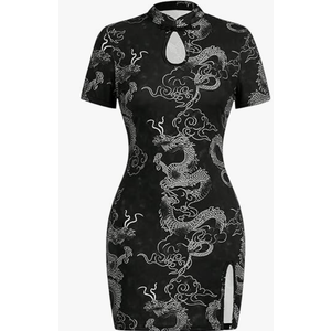 SOLY HUX Women's Chinese Cheongsam Short Sleeve Dragon Print Dress Mini Bodycon Evening Dresses (Medium)