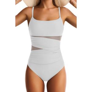 One Piece Swimsuit for Women Tummy Control Mesh Bathing Suits Sexy Push Up Swimsuits Slimming Square Neck Swimwear (White, M)