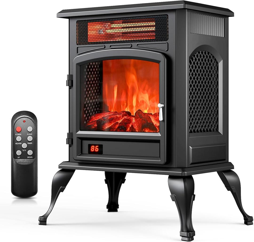 Electric Fireplace Stove Heater - Freestanding Electric Fireplace Heater with 3D Flame Effect, 1500W Infrared Electric Stove Heater for Indoor Use with Thermostat, Tip-over&Overheat Protection