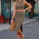 HUUSA Elegant 2 Piece Brunch Dress for Women Vacation Sexy Sleeveles Summer Cocktail Party Skirts Set Round Neck High Waist Slim Tank Dress Deep Khaki XL (XL)
