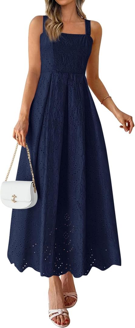PRETTYGARDEN Womens Sleeveless Maxi Summer Dresses 2026 Hollow Out Eyelet Square Neck Ruffle Flowy Beach Vacation Sundress (XX-Large, Navy Blue)