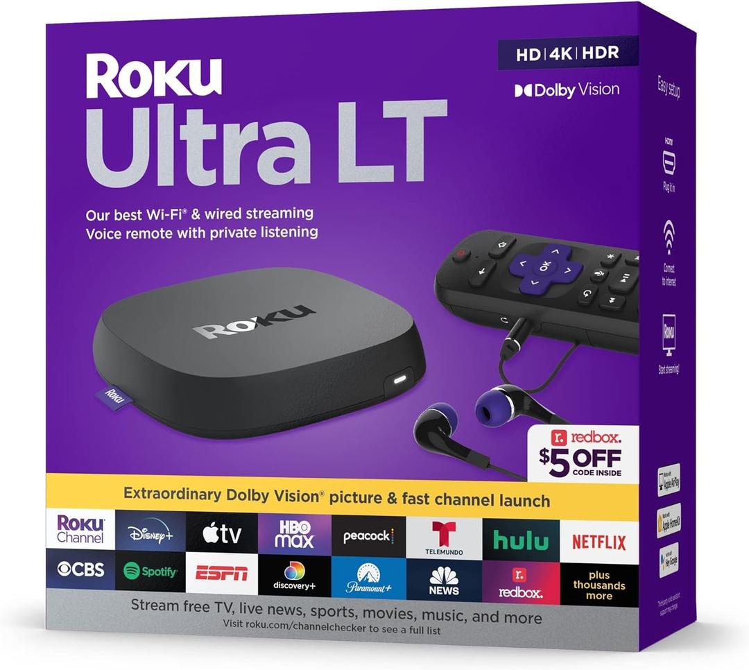 Roku Ultra LT (2023) HD/4K/HDR Dolby Vision Quad-Core Streaming Player with HDMI Cable, Headphones, Voice Remote w/Private Listening, Ethernet